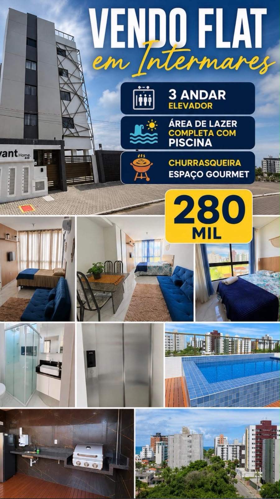 Anúncio do flat em Intermares com fotos do edifício, ambientes, piscina e área gourmet